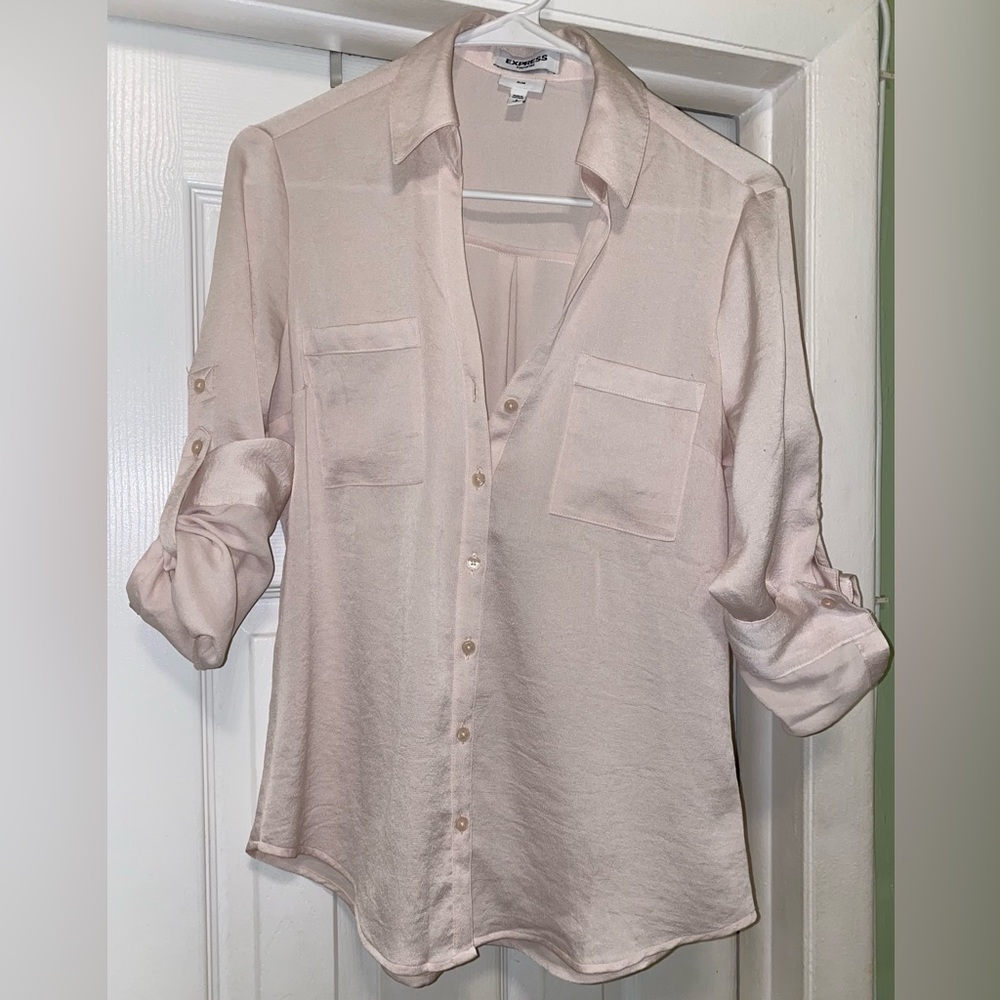 Express Button-Down Portofino Blouse, Light Pink Long Sleeve 3/4, Slim Cut Shirt